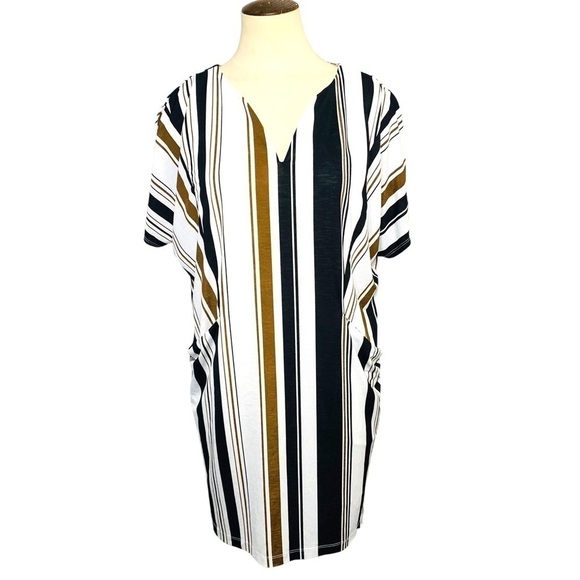 Azul By Moussy Shirt Dress Sz S White Coastal Striped Short Sleeves Midi Shif - Picture 2 of 13